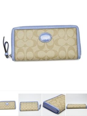 COACH Round Zipper Long Wallet PVC External Pocket Coach Beige x Light Blue